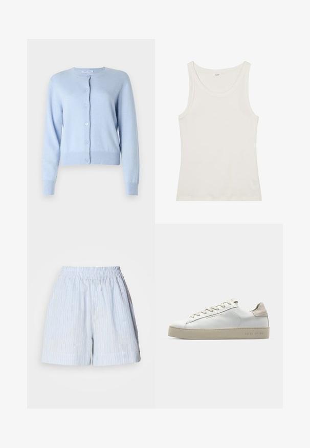 Cardigan albastru deschis confecționat dintr-un material moale, având guler rotund, nasturi frontal, mâneci lungi și mansete și tiv ribbate.; Top din bumbac alb, fără mâneci, cu un decolteu larg și bretele subțiri. Textură netedă, fără modele sau embellismente vizibile.; Șorturi bleu deschis cu dungi verticale albe și bleumarin. Prezintă un tiv elastic și o croială lejeră. Fabricate dintr-un material moale.; Adidași din piele albă cu finisaj neted, accente din suede bej, vârf rotund, design cu șireturi plate și talpă din cauciuc texturat.