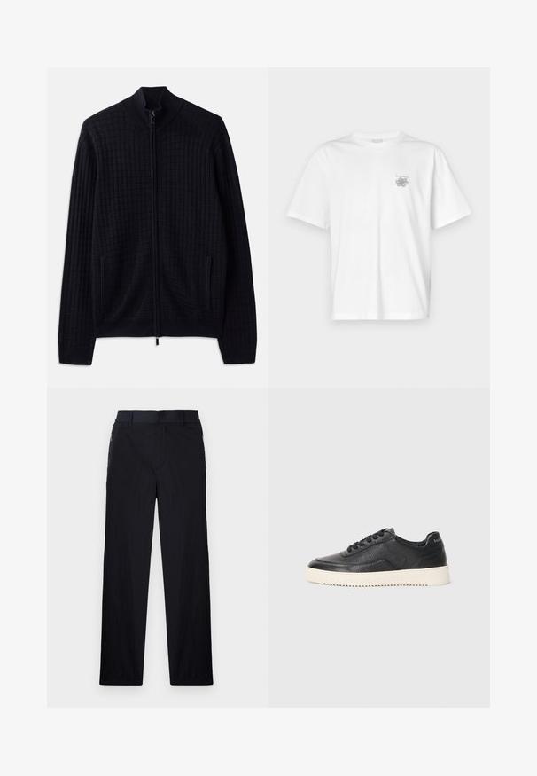 Sweater azul-marinho com fecho zip em padrão de malha texturada, com gola alta, bolsos laterais e punhos e bainha em malha canelada. Feito em tecido suave.; Camisa branca de algodão com mangas curtas, gola redonda e um pequeno logótipo cinza na área do peito esquerdo. Textura suave.; Calças pretas com um tecido leve e texturizado, design de pernas retas, cintura elástica e bolsos laterais com fecho.; Sapatilha em couro preto com acabamento texturizado, biqueira redonda e sola plana de borracha branca. Apresenta atacadores pretos e uma marca na parte de trás.
