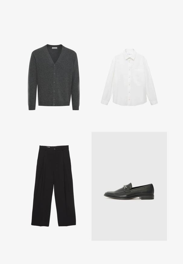 Harmaa villaneule V-pääntällä, etunapeilla ja resorikohdistuksilla. Pehmeä rakenne ja istuva muotoilu.; Mango ANTARES - Vapaa-ajan kauluspaita - white; Mustat väljät housut, jotka on valmistettu sileästä kankaasta ja joissa on litteä vyötärö, etupleaatit ja yksi nappisulku.; Musta nahkakengät, joissa on sileä pinta, koristeelliset ompeleet ja metalliketjun yksityiskohta kengän päällä. Littee korko.