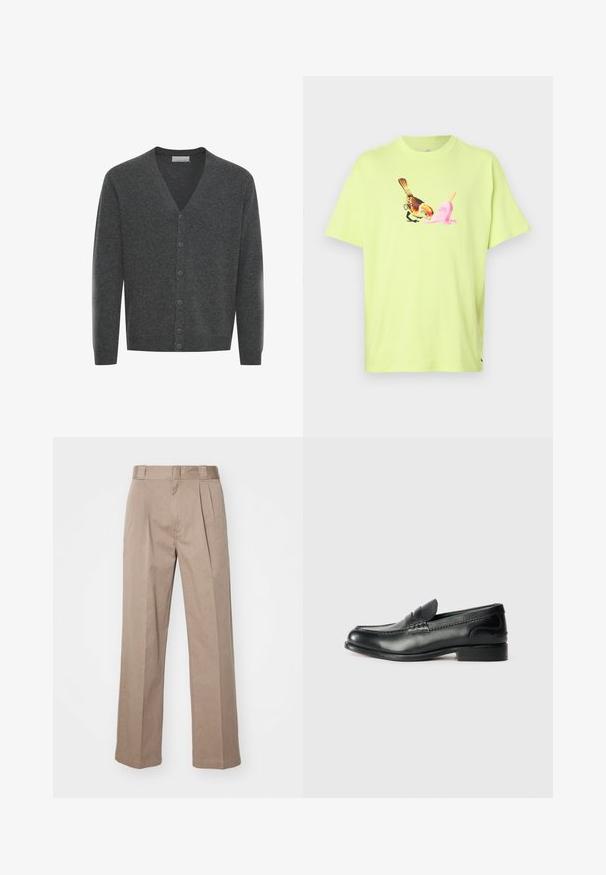 Cárdigan de lana gris con cuello en V, botones en el frente y puños acanalados. Textura suave y diseño ajustado.; Camiseta de algodón verde lima con un gráfico de un pájaro y un cucurucho de helado rosa, con un sencillo cuello redondo y mangas cortas.; Pantalones beige de cintura alta con diseño de pierna ancha. Presentan dos pliegues frontales y una textura suave. Largo estándar con un acabado limpio.; Mocasines de cuero negro con un acabado suave, detalles de costura en la parte delantera y un tacón ligeramente elevado.