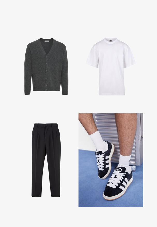 Šedý vlnený kardigán s výstrihom do V, prednými gombíkmi a rebrovanými manžetami. Mäkkučká textúra a priliehavý strih.; Biela bavlnená tričko s okrúhlym výstrihom, krátkymi rukávmi a voľným strihom. Má jednoduchý dizajn bez vzorov alebo akcentov.; Čierne nohavice s plisovaným predným dizajnom, vyrobené z hladkej látky. Majú zapínanie na gombík a pútka na opasok; rovný strih.; Čierne semišové tenisky s bielymi šnúrkami a tromi bielymi pruhmi. Obsahujú kruhové čierne logo na jazyku a gumovú podrážku.