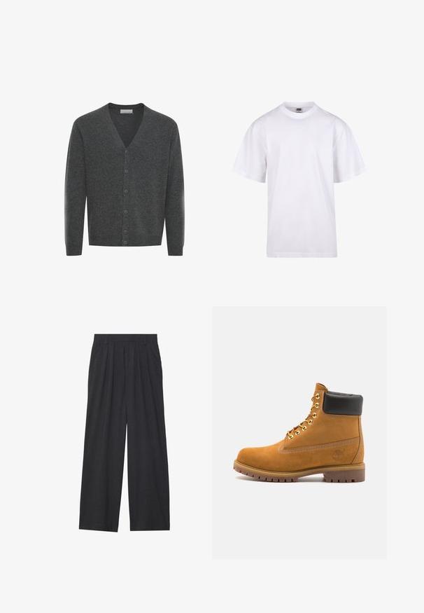 Pelēks vilnas kardigāns ar V-veida kakla izgriezumu, priekšējo pogu un ribinātām aprocēm. Mīksta tekstūra un pieguļošs dizains.; Balts kokvilnas T-krekls ar apaļu kakla izgriezumu, īsām piedurknēm un brīvu piegriezumu. Tam ir vienkāršs dizains bez rakstiem vai akcentiem.; Platas piegriezuma bikses no tumši pelēka auduma. Iezīmes - izgriezumi jostasvietā, veidota forma un taisna silueta.; Brūna zamša potīte ar melnu izšuvumu ap kaklu, zelta metāla acu caurumi, balta šuvju apdare un izturīgs gumijas zole ar izteiktu zīmējumu.