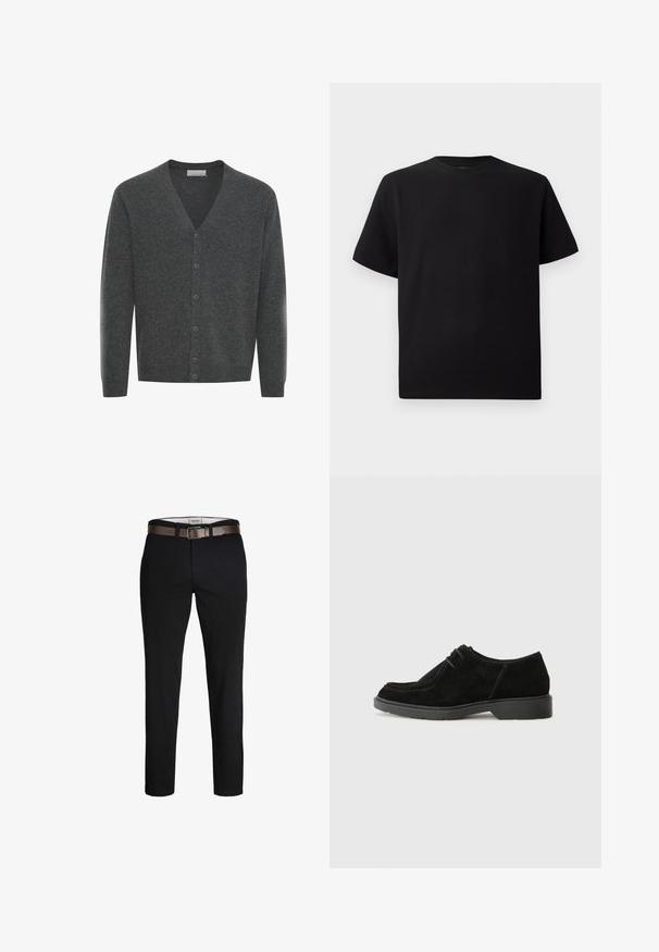 Gray wool cardigan with a V-neck, front buttons, and ribbed cuffs. Soft texture and fitted design.; Black short-sleeve T-shirt made of textured fabric, featuring a round neckline and a relaxed fit. Simple, no patterns or accents.; Black cotton trousers with a straight fit, featuring a brown leather belt and a smooth texture. Simple design, no visible patterns or accents.; Black suede dress shoe with a rounded toe, contrasting stitching, and a rubber sole. Features minimal lacing and a smooth upper design.