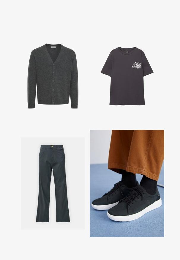 Harmaa villaneule V-pääntällä, etunapeilla ja resorikohdistuksilla. Pehmeä rakenne ja istuva muotoilu.; Harmaa puuvillapaita, jossa on lyhyet hihat, pyöreä kaula-aukko ja valkoista painatusta tekstiä vasemmalla rintakehässä. Pehmeä rakenne ja rento malli.; Mustat housut suoran lahkeen leikkauksella, valmistettu puuvillasekoitekankaasta. Varustettu metallinappikiinnityksellä ja sivutaskuilla. Ei näkyviä kuvioita.; Musta mokkanahkakengät valkoisilla kumipohjilla, joissa on nauhakiinnitys, teksturoituja yksityiskohtia ja huomaamatonta brändäystä, yhdistettynä ruskeisiin housuihin.