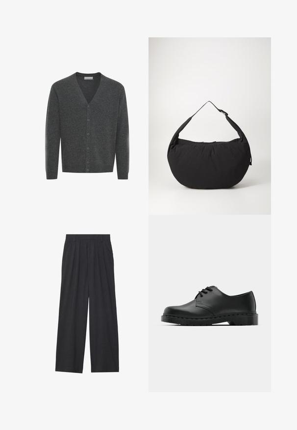 Grauer Wollcardigan mit V-Ausschnitt, Vorderknöpfen und gerippten Bündchen. Weiche Textur und taillierte Passform.; Weißes Langarm-Henley-Shirt mit drei Knöpfen und rundem Ausschnitt, auf einem schlichten weißen Hintergrund präsentiert.; Weit geschnittene Hosen aus dunkelgrauem Stoff. Merkmale sind Falten an der Taille, ein maßgeschneiderter Schnitt und eine gerade Silhouette.; Schwarze Leder-Oxford-Schuhe mit Schnürdesign, runder Zehenform, flacher Gummisohle und subtilen Nähten entlang des oberen Teils.; Schwarze Schultertasche aus Stoff mit geschwungener Form, ausgestattet mit einem einzigen Tragegurt und einem Reißverschluss. Weiche Textur, minimalistisches Design.