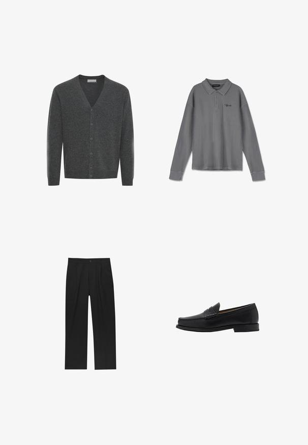 Siva volnena jopica z V-izrezom, sprednjimi gumbi in rebrastimi manšetami. Mehka tekstura in prilegajoč dizajn.; Polo majica s dolgimi rokavi iz prugaste sive tkanine. Ima ovratnik, placket z tremi gumbi in subtilno črno blagovno znamko na prsih.; Črne hlače z ravnim krojem, narejene iz gladkega materiala. Imajo sprednje gube in enojno zaponko na pasu.; Mango Elegantni čevlji brez vezalk - black