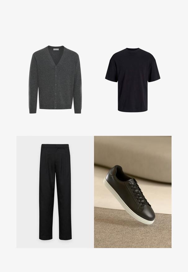 Grauer Wollcardigan mit V-Ausschnitt, Vorderknöpfen und gerippten Bündchen. Weiche Textur und taillierte Passform.; Schwarzes Baumwoll-T-Shirt mit Rundhalsausschnitt, kurzen Ärmeln und lässiger Passform. Glatte Oberflächenstruktur und keine sichtbaren Muster oder Akzente.; Schwarze Hose aus glattem Stoff, mit geradem Bein Design, zwei vorderen Falten und einem Standardbund mit Gürtelschlaufen.; Schwarzer Ledersneaker mit weißer Gummisohle und schwarzen Schnürsenkeln, platziert auf einer beigen Stoffoberfläche und im Hintergrund.
