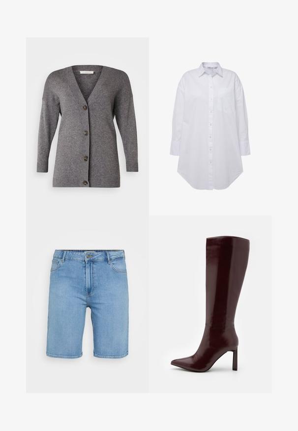 ONLY Carmakoma CARESLY BUTTON - Kofta - chocolate torte melange; Vit knappad skjorta med krage, en ficka på vänster bröst, långa ärmar med knappmanschetter och rundad fåll. Tillverkad av bomull.; Ljusblå denimshorts med klassisk skärning, med en framknäppning, bälteshällor och två sidofickor. Slät textur och rak fåll.; Even&Odd Stövel - dark red