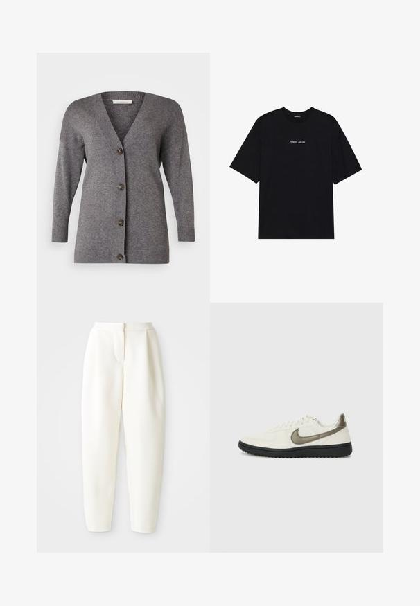 ONLY Carmakoma CARESLY BUTTON - Adīta jaka - chocolate torte melange; Melna kokvilnas T-krekls ar brīvu dizainu. Iezīmē īsas piedurknes un noapaļotu kakla izgriezumu. Uz priekšpuses centrā ir balts uzraksts "Pozitīvs, Sirsnīgs".; Augstas jostas līnijas, sašaurināti balti bikses ar slēptu priekšējo aizdari un sānu kabatām, attēloti uz vienkrāsaina balta fona.; Nike Sportswear FIELD GENERAL - Treniņu apavi - off-white/black