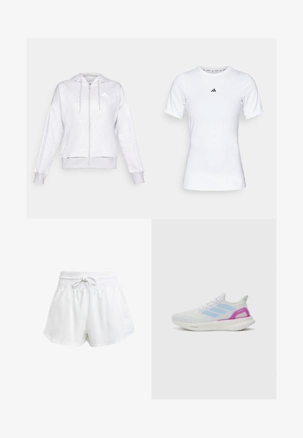 Hoodie cinza claro com fecho em zíper frontal, cordão ajustável e dois bolsos laterais. Apresenta um logo branco e riscas ao longo das mangas.; Camisola atlética branca com mangas curtas, feita de tecido liso e elástico. Apresenta um pequeno logotipo preto da Adidas no peito.; Calções de desporto brancos com um cós elástico e cordão ajustável. Feitos de material leve, apresentam bolsos laterais e um corte largo.; adidas Performance PUREBOOST 5 - Sapatos para corrida em estrada - white/glow blue/purple burst