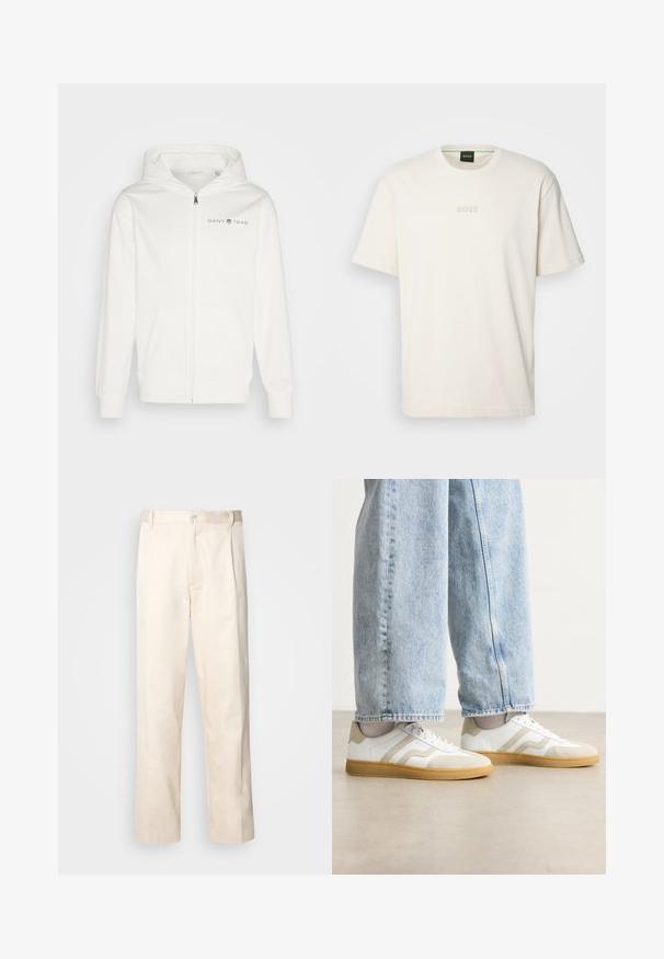Weißer Reißverschluss-Hoodie aus weichem Material, ausgestattet mit einer geräumigen Fronttasche, einer Kapuze mit Kordelzug und dem GANT 1949-Logo auf der Brust.; BOSS TEE - T-Shirt basic - open white; Beige Baumwollhose mit geradem Bein, ausgestattet mit einem Knopfverschluss und Falten an der Vorderseite für zusätzliche Details.; Weiße Sneakers mit beigen Wildleder-Akzenten und hellen Gummisohlen; verfügen über ein Low-Top-Design und eine strukturierte Oberflächenverarbeitung.