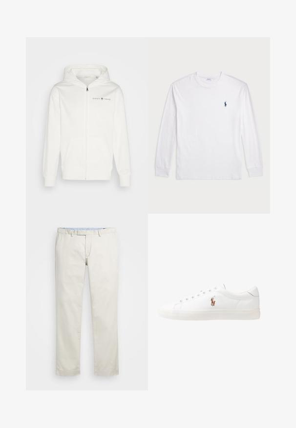 Fehér cipzáras kapucnis pulóver, puha anyagból készült, tágas elülső zsebbel, húzózsinórral ellátott kapucnival, és a mellkason GANT 1949 logóval.; Fehér, hosszú ujjú póló, pamutból készült. Kerek nyakkivágással, bordás mandzsettákkal és egy kis sötétkék polo logóval a bal mellen.; Beige pamut chinin, lapos elülső résszel, övhurkokkal és oldalsó zsebekkel. Egyenes lábú kialakítás, sima textúrával és könnyű, lélegző érzettel.; Fehér bőr sportcipők, alacsony fazonban, sima textúrával, kerek orral, fűzős előlappal és egy kis hímezett logóval az oldalon.