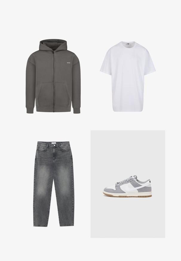Sudadera gris con cremallera completa, bolsillos tipo pouch en el frente, puños y dobladillo acanalados, y una capucha, que presenta un pequeño parche con el logo en el lado izquierdo del pecho.; Camiseta blanca de algodón con mangas cortas, cuello redondo, corte relajado y sin logotipos ni patrones visibles. Textura suave y diseño minimalista.; Jeans de cintura alta y corte holgado en denim negro desgastado. Con cinco bolsillos, pasadores para el cinturón y un diseño de pierna recta y limpia.; Zapatilla gris y blanca con parte superior de ante y cuero, puntera redondeada, cordones planos y suela de goma con un acento de goma.
