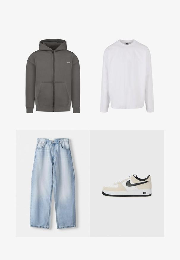 Grå fuld-zip hoodie med frontlommer, ribbede manchetter og kant, samt hætte, der har et lille logo-patch på venstre bryst.; Langærmet hvid bomulds T-shirt med rund hals, afslappet pasform og ingen synlige mønstre eller accenter. Glat tekstur.; Lyseblå denim brede bukser med mellemhøj talje, fem lommer og diskret falming; afsluttet med en lige kant og bæltestropper.; Sneakers med en lys beige ruskind og hvid læder overdel, sort Nike swoosh, sorte detaljer og en hvid gummisål med "AIR" branding.