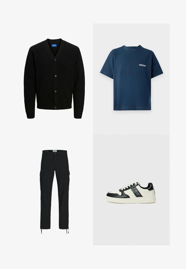 Jack & Jones JOROLLIE CARDIGAN - Cardigan - black; Navy blue cotton t-shirt with short sleeves and a round neckline. Features a small white logo on the left chest area. Soft texture.; Black cargo pants with a straight cut, featuring side pockets, a button closure, and elastic drawstrings at the ankles. Made from durable fabric.; Leather sneakers with a black and cream color scheme, featuring perforated accents, a padded collar, and a textured outsole.