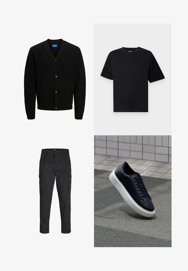 Jack & Jones JOROLLIE CARDIGAN - Cardigan - black; Black short-sleeve crew neck T-shirt with a relaxed fit, displayed on a white background.; Black cargo pants made of sturdy fabric, featuring multiple pockets, a button closure, and a slim fit design with tapered legs.; Black leather sneaker with rounded toe and white rubber sole. Features flat laces and minimal stitching on the upper. Textured sole for grip.