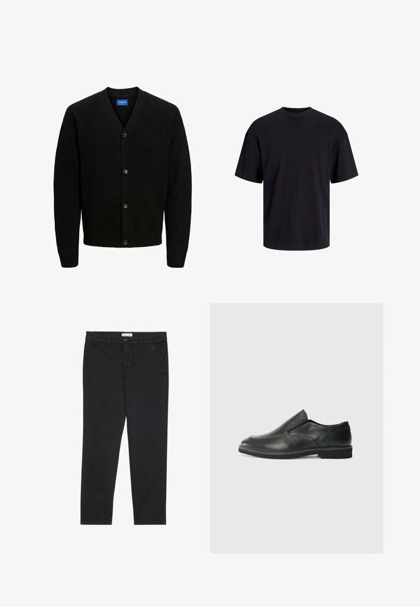Jack & Jones JOROLLIE CARDIGAN - Chaqueta de punto - black; Camiseta de algodón negra con cuello redondo, mangas cortas y un ajuste relajado. Textura suave y sin patrones ni acentos visibles.; Pantalones de algodón negro con corte slim, que presentan dos bolsillos laterales y un cierre frontal con botón. Tejido texturizado con detalles sutiles.; Zapato negro de cuero sin cordones con un upper suave, detalles de costura, punta redonda y un bajo tacón de goma. La suela presenta una tracción mínima.