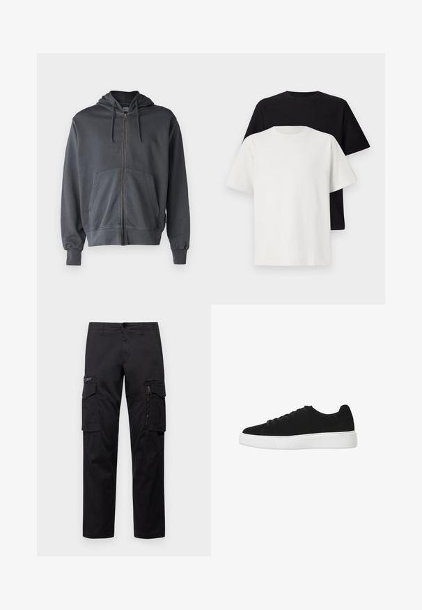 Grijze zip-up hoodie met een capuchon, voorvak en geribbelde manchetten. Gemaakt van zachte stof en heeft een eenvoudig, schoon ontwerp.; Katoenen T-shirt set met een zwarte top en een witte top, beide met korte mouwen, ronde hals en een standaard pasvorm. Textuurstof.; Zwarte cargobroek met meerdere zakken, een ritszak op de dij, rechte pasvorm en stevige katoen met een subtiele glans.; Zwarte suède sneaker met een afgeronde neus, vetersluiting aan de voorkant en witte rubberen zool. Eenvoudig ontwerp met minimale accenten en een gladde textuur.