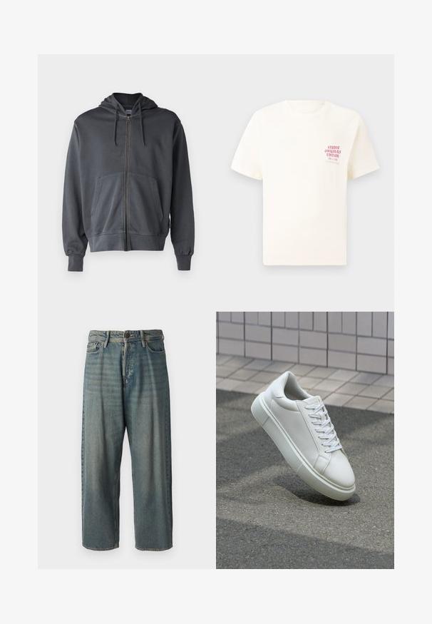Felpa grigia con zip e cappuccio, tasca frontale e polsini a coste. Realizzata in morbido tessuto, presenta un design semplice e pulito.; T-shirt bianco a maniche corte con testo rosso "Studio Originals Edition" sul lato sinistro del petto, esposto su uno sfondo grigio neutro.; Jeans di denim azzurro chiaro con vestibilità ampia, vita media e gambe dritte. Presenta cinque tasche, passanti per cintura e chiusura con bottone.; Sneaker bianco in pelle con superficie liscia, punta rotonda e lacci piatti bianchi. Presenta una suola in gomma texturizzata e un design minimale.