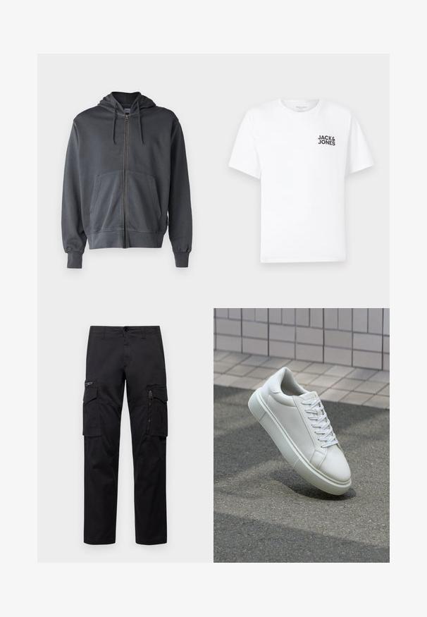 Pilkas užtrauktukas su gobtuvu, priekinėmis kišenėmis ir rauktomis rankovėmis. Pagamintas iš minkštos medžiagos, pasižymi paprastu, tvarkingu dizainu.; Balta medvilnės marškinėliai su trumpomis rankovėmis ir apvalia kaklo iškirpte. Kairėje krūtinės pusėje yra juodas tekstas "JACK & JONES". Paprastas, vientisas dizainas.; Juodos krovinių kelnės, turinčios kelis kišenes, užtrauktuku uždaromą kišenę ant šlaunies, tiesaus kirpimo ir tvirtos medvilnės audinys su nežymiu blizgesiu.; Balti odiniai sportbačiai su lygiu paviršiumi, apvalia nosimi ir plokščiomis baltomis raištelėmis. Yra tekstūruotas gumos padas ir minimalizmas dizaino elementuose.