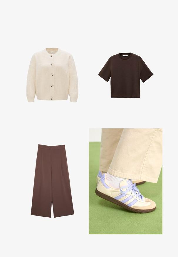 Cremfarbener Strickcardigan mit rundem Ausschnitt, Knopfschluss und strukturiertem Material mit Ripp- und Zopfmuster.; Braun t-Shirt mit kurzen Ärmeln aus weicher Baumwolle. Verfügt über einen runden Ausschnitt und einen kastigen Schnitt, mit einer glatten Textur und ohne sichtbare Muster.; Braune Weite-Leg-Hosen mit einer glatten Textur, hoher Taille und Vorderfalten. Der Stoff ist leicht und fällt locker.; Cremefarbene und lavendelfarbene Sneakers mit drei Streifen und einer strukturierten braunen Sohle, ausgestattet mit Schnürsenkeln und einer gepolsterten Ferse. Obermaterial aus weichem Stoff.