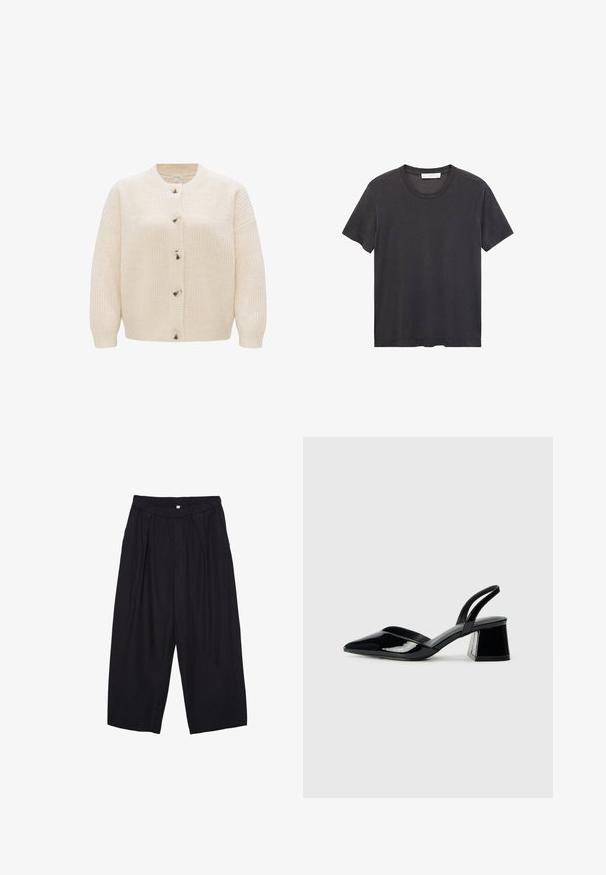 Cremfarbener Strickcardigan mit rundem Ausschnitt, Knopfschluss und strukturiertem Material mit Ripp- und Zopfmuster.; Schwarzes Rundhals-T-Shirt aus weicher Baumwolle. Kurze Ärmel, lockere Passform und gerader Saum ohne Verzierungen oder Muster.; Schwarze Polyester-Culotte mit einem elastischen Bund, zwei vorderen Falten und einer lockeren Silhouette. Keine sichtbaren Muster oder Hardware-Details.; Schwarze Lackleder-Slingback-High Heels mit spitzem Schuh und einem geometrischen Blockabsatz. Verfügt über ein schlankes, minimalistisches Design und eine glatte Textur.