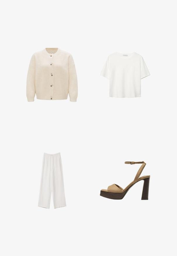 Crème gebreide cardigan met een ronde halslijn, knoopsluiting en een textuurstof met rib- en kabelpatronen.; Witte korte mouwen t-shirt van katoen. Heeft een ronde halslijn en een ontspannen pasvorm. Glad textuur zonder zichtbare patronen of accenten.; Witte wijde broek gemaakt van een lichte stof. Voorzien van een elastische tailleband met een trekkoord en zijzakken. Zachte textuur.; Beige suède hoge hakken sandalen met een brede voorband en enkelband, met een dikke houten blokhak met een gestructureerde afwerking.