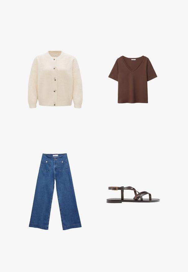 Cremfarbener Strickcardigan mit rundem Ausschnitt, Knopfschluss und strukturiertem Material mit Ripp- und Zopfmuster.; Braunes Baumwoll-T-Shirt mit kurzen Ärmeln und tiefem V-Ausschnitt. Einfaches Design, weiche Textur und gerade Saumlinie. Keine Muster oder Akzente.; Denim-Hosen im weiten Schnitt mit einer mittleren blauen Waschung, zwei Vordertaschen mit Knopfverschluss und genähten Details entlang der Säume.; Braune Leder-Sandale mit überkreuzten Riemen, einem Knöchelriemen mit Schnalle und einer flachen Sohle mit minimalen Nähdetails.