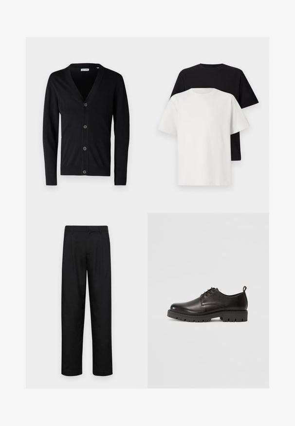 Juodas kardiganas su V formos iškirpte, penkiomis mygtukais priekyje ir nertomis rankovėmis bei apatine dalimi. Pagamintas iš minkšto, mezginio medžiagos.; Medvilniniai marškiniai, kuriuos sudaro juodas ir baltas marškinėliai, abu su trumpomis rankovėmis, apvaliu iškirpimu ir standartiniu sijonu. Tekstūruota medžiaga.; Juodi kelnių modeliai, pagaminti iš lygios medžiagos, turi tiesią kojas, du priekiniai klostės ir standartinę juosmenį su diržo kilpomis.; Juodos odinės bateliai su raišteliais, pasižymintys lygiu paviršiumi, apvaliu pirštu, storu guminiai padais su raštu ir mažu kulno užtrauktuku.