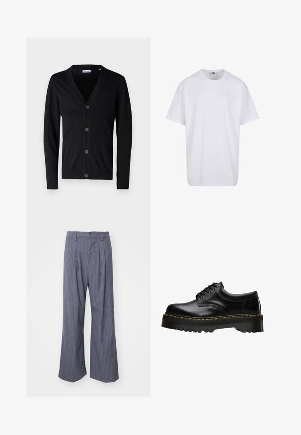 Melna kardigāna ar V veida kakla izgriezumu, pieci pogas frontē un ribota apkakle un apakšmala. Izgatavots no mīksta, adīta materiāla.; Balta kokvilnas T-kreklu ar īsām piedurknēm, apaļu kakla izgriezumu, brīvu piegriezumu un bez redzamām logo vai rakstiem. Gluda tekstūra un minimālistisks dizains.; Pelēkas svītrainas bikses ar platu kāju dizainu, priekšpusē ar krokām un gludu tekstūru. Nav redzamu detaļu vai akcentu.; Melni ādas kurpju zābaki ar biezām, zāģveida melnām gumijas zolgām un dzeltenu diegu apmalē, ar gludu virsmu.