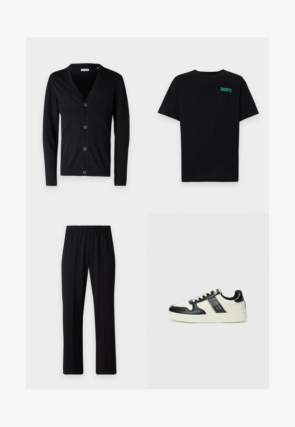 Cárdigan negro con escote en V, cinco botones en la parte delantera y puños y dobladillo acanalados. Fabricado con un material de punto suave.; Camiseta negra de algodón con mangas cortas. Presenta un logo verde "ROOTS" en el frente, escote redondo y corte estándar.; Pantalones negros con cintura elástica y diseño de pierna recta, con una textura suave y sin patrones o herrajes visibles.; Zapatillas de cuero con un esquema de colores negro y crema, que cuentan con acentos perforados, un collar acolchado y una suela texturizada.