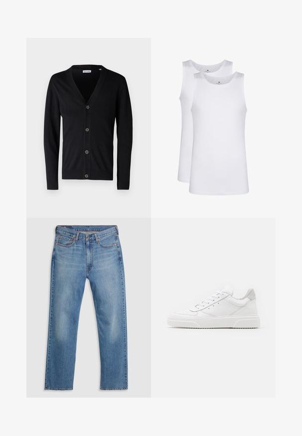 Cardigan nero con scollo a V, cinque bottoni sulla parte anteriore e polsini e orlo a costine. Realizzato in un morbido materiale lavorato a maglia.; Top in cotone bianco, design senza maniche, collo rotondo, texture liscia, realizzato in un tessuto morbido e leggero. Due pezzi esposti.; Jeans in denim blu con gamba diritta, chiusura anteriore con bottone e zip, passanti per la cintura e design a cinque tasche su sfondo bianco.; Sneaker bianche in pelle con finitura liscia, punta arrotondata, lacci piatti e suola texturizzata. Accento in suede grigio sul tallone.
