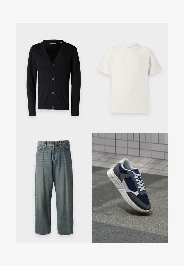 Mustvalge kardigan V-kaelusega, viie nupuga ees ja ribaga varruka- ja alumise servaga. Valmistatud pehmest kudumist materjalist.; Valge lühikeste varrukatega T-särk ribakudumises. Ümar kaelus, mugav lõige, nähtavad mustrid ega aksessuaarid puuduvad. Lihtne ja mitmekesine disain.; Heledad sinine denim-stiilis teksad, volüümse lõike, keskmise kõrgusega talje ja sirgete säärega. Omab viit taskut, vöökumme ja nööpide sulgemist.; Sneaker, mille sinine võrkkangas, hallid nubukdetailid, valge kummitald ja lamedad valged paelad, disainitud mugavuseks ja hingavuseks.