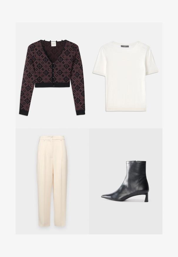 Izgriezta V-veida kardigāna ar garām piedurknēm, melnas un tumši brūnas ģeometriskas un ziedu raksts, priekšējā pogu aizdare, ribbētas piedurknes un apmale.; Balta īsām piedurknēm adīta blūze ar apaļu kakla izgriezumu, kurai ir gluda tekstūra un smalki riboti akcenti pie piedurknēm un apakšmalas.; Beige pielāgotas bikses ar taisnu piegriezumu, priekšpusē ar krokām, gluda tekstūra un vidējas augstuma jostasvieta. Nav redzamu kabatu.; Melnas ādas potītes zābaki ar norādītu pirkstu un elegantu dizainu. Iezīmē zemu papēdi un rāvējslēdzēja aizdari aizmugurē. Gluda tekstūra.