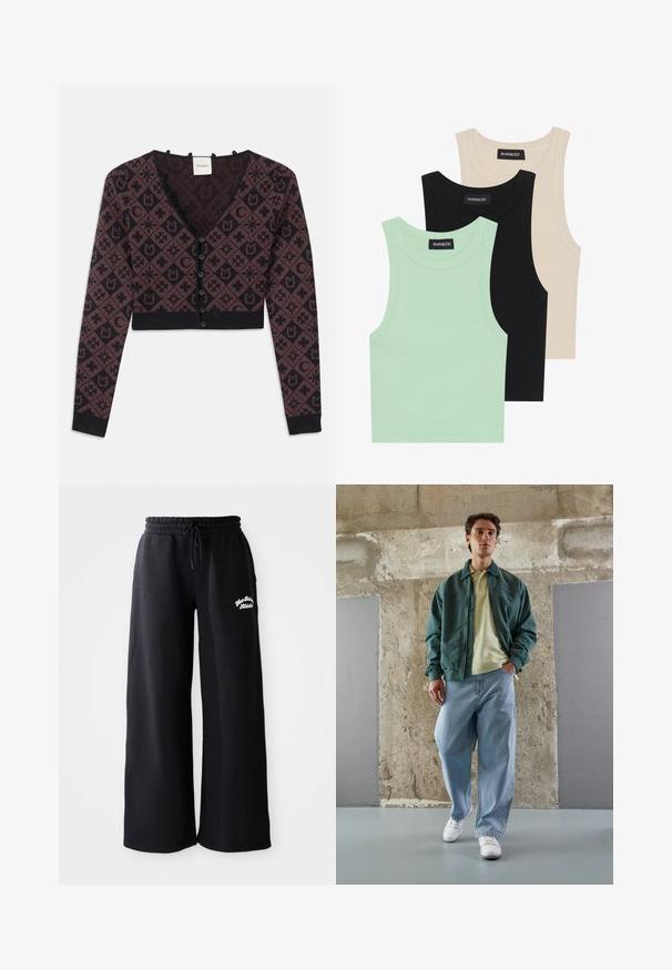 Cardigã cortado em V com mangas longas, padrão geométrico e floral em preto e castanho escuro, fecho frontal com botões, punhos e bainha canelados.; Três tops em mint green, preto e bege; feitos de tecido canelado com um decote redondo e sem mangas. Etiqueta da marca visível.; Calças de fato largas pretas com cintura elástica e cordão. Apresentam texto bordado do lado esquerdo, feitas de um material suave em mistura de algodão.; Casaco bomber verde sobre uma polo amarelo claro, combinado com jeans azuis largos e tênis brancos. Tecidos suaves, ajuste descontraído, hardware minimalista.