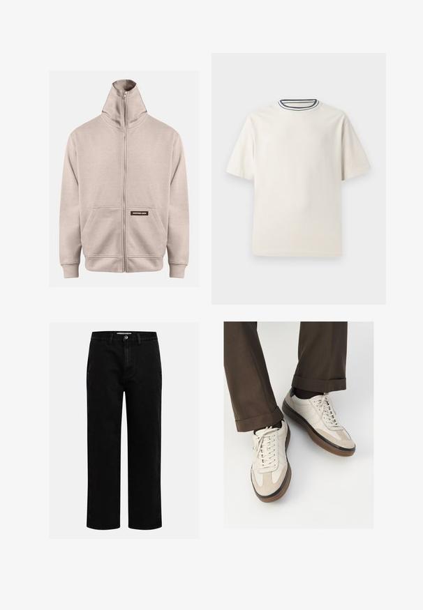 Smėlinis užtrauktuku užsegamas džemperis su aukštu apykakle, dviem šoninėmis kišenėmis, raukiniais ant rankovių ir apačios, turintis mažą tamsią etikėtę ant kairės kišenės.; Kremo spalvos medvilninė marškinėlių su trumpomis rankovėmis, suapvalintu iškirpimu, puoštu tamsiai mėlynomis ir baltomis juostelėmis. Glotni tekstūra, laisvas sijonas.; Juodi džinsai su tiesiu kirpimu, klasikinio penkių kišenių dizainu ir mygtuko užsegimu juosmens zonoje. Lygus tekstūras ir patvari medžiaga.; Bežiniai sportbačiai su tekstūruotu zomšinės priekine dalimi, lygiomis odinėmis šoninėmis dalimis ir ruda guminėmis padais. Į komplektą įeina juostelės ir šviesūs siuvimo detalės.