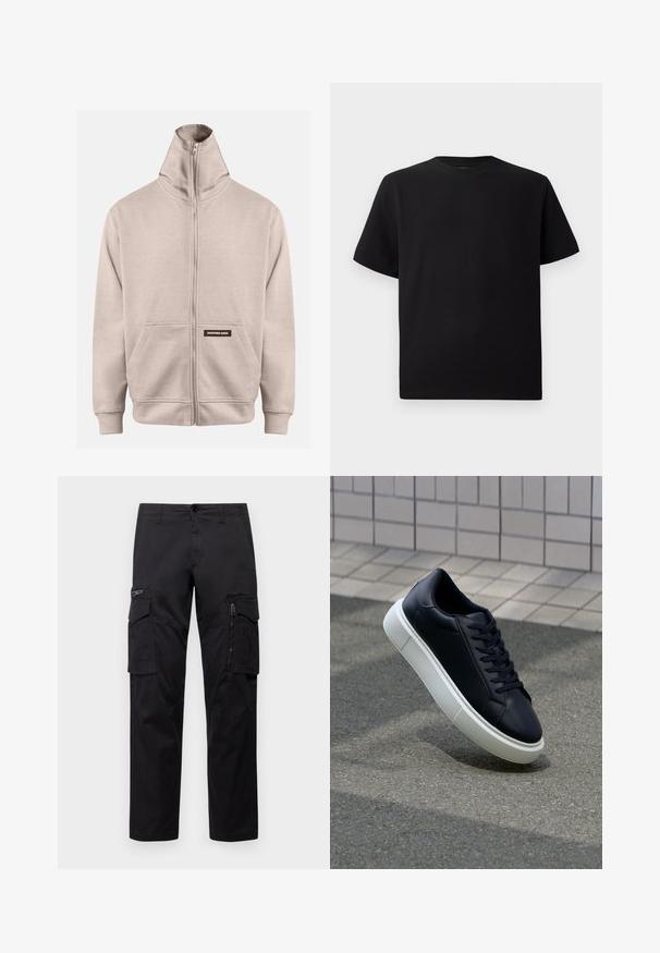 Bežs rāvējslēdzēja džemperis ar augstu apkakli, divām sānu kabatām, ribota tipa aprocēm un apakšmalu, ar mazu tumšu etiķeti kreisajā kabatā.; Melnās īsām piedurknēm T-krekls no teksturēta auduma, ar apaļu kakla izgriezumu un brīvu piegriezumu. Vienkāršs, bez rakstiem vai akcentiem.; Melnas cargo bikses ar vairākiem kabatām, ar rāvējslēdzēju kabatu uz augšstilba, taisnu piegriezumu un izturīgu kokvilnas audumu ar vieglu spīdumu.; Melnas ādas kedas ar noapaļotu pirkstu un baltu gumijas zoli. Iespējas - plakanas šņorītes un minimāla apdare augšdaļā. Struktūrēta zole, lai nodrošinātu saķeri.