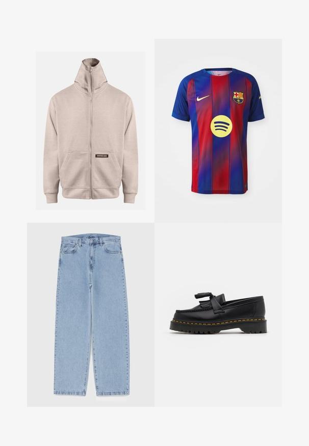 Beige Zip-Up-Sweatshirt mit hohem Kragen, zwei seitlichen Taschen, gerippten Bündchen und Saum, mit einem kleinen dunklen Etikett auf der linken Tasche.; FC Barcelona-Trikot mit blauen und roten vertikalen Streifen, Nike-Logo und Spotify-Grafik in der Mitte. Hergestellt aus atmungsaktivem Material.; Hellblaue Jeans aus Denim mit geradem Bein, ausgestattet mit einer mittelhohen Taille, fünf Taschen sowie einem Knopf- und Reißverschluss.; Schwarze Lederloafers mit einem fransenverzierten Akzent, ausgestattet mit einer robusten schwarzen Sohle und gelber Naht entlang der Kante. Texturierte Oberfläche.