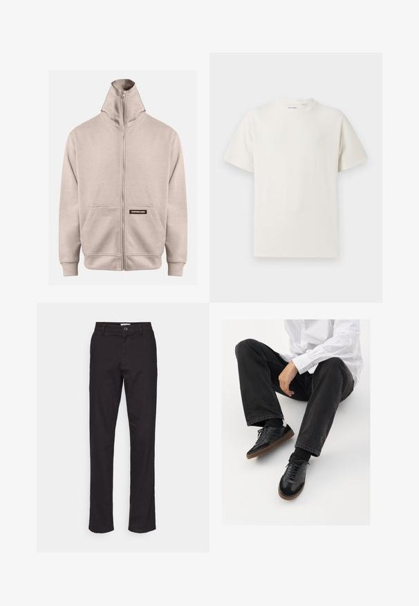 Beige zip-up hettegenser med høy krage, to sidelommer, ribbestrikket mansjetter og kant, med en liten mørk etikett på venstre lomme.; Hvit T-skjorte med kort erm i ribbestrikket tekstur. Rund hals, avslappet passform, ingen synlige mønstre eller detaljer. Enkelt og allsidig design.; Sorte bomullsbukser med rett ben-design, med frontknapplukking og sidelommer. Glatt tekstur og minimalistiske detaljer.; Svarte joggesko med en glatt og teksturert overflate, med gummisåle og mørke snører. Kombinert med svarte jeans og en hvit stripet skjorte.