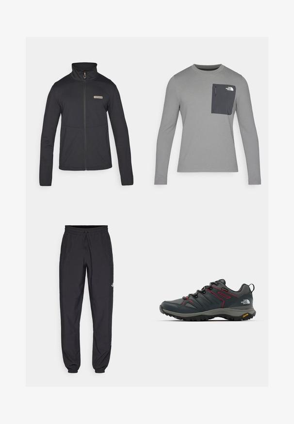 Crna flis jakna s visokim ovratnikom, punim zatvaranjem na zip i prednjim šavnim detaljima. Sadrži mali metalni logotip branda na lijevoj strani prsnog koša.; Siva košulja dugih rukava od teksturiranog materijala, s tamnosivom džepom na prsima i zatvaranjem na patentni zatvarač. Na džepu je logo u bijeloj boji.; Crne sportske hlače od lagane tkanine, s pojasom na vezanje, bočnim džepovima i suženim manžetama na gležnjevima.; Sive planinarske cipele s crvenim naglascima, gornji dio od mrežastog i sintetičkog materijala, sustav vezanja i Vibram potplat za prianjanje. Sadrži Gore-Tex za vodootpornost.