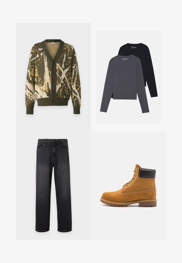 Zaļš un krēmkrāsas adījums ar teksturētu kamuflāžas rakstu, ar V veida kakla izgriezumu, pogu aizdari un ribotas piedurknes un apakšmalu.; YOURTURN 2 PACK UNISEX - Tops ar garām piedurknēm - dark grey/black; Tumši pelēki džinsi ar taisnu kāju dizainu, ar rāvējslēdzēja aizdari, piecām kabatām un smalkiem izbalējumu elementiem uz auduma.; Brūna zamša potīte ar melnu izšuvumu ap kaklu, zelta metāla acu caurumi, balta šuvju apdare un izturīgs gumijas zole ar izteiktu zīmējumu.