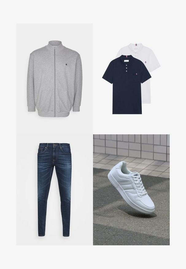 Siva zip-up jakna od mekane tkanine, s podignutim ovratnikom, dva prednja džepa i malim crnim logom na prsima.; Dva polo majice: jedna tamnoplava i jedna bijela, obje s malim crveno-bijelim-plavim naglaskom na džepu i ovratniku.; Tamno plave traperice uskog kroja, s blagim izbljeđivanjem, pet džepova i metalnim zatvaranjem na dugme. Šivani detalji u kontrastnoj boji.; Bijela atletska tenisica s glatkim kožnim gornjim dijelom, vezanjem sprijeda, perforiranim vrhom i uzorkovanim đonom. Minimalistički dizajn s tri bočne pruge.