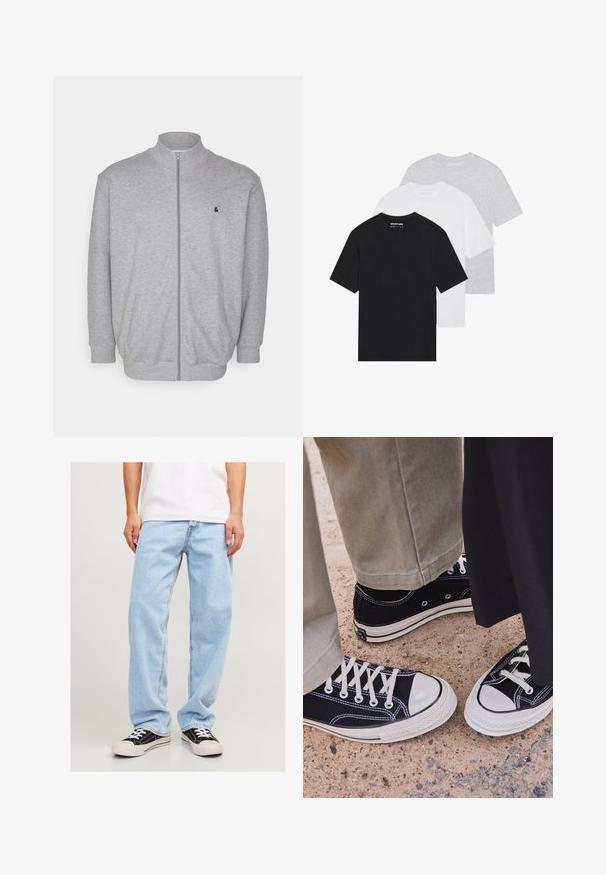 Pelēka zipa veste, izgatavota no mīksta auduma, ar augstu apkakli, divām priekšējām kabatām un mazu melnu logotipu uz krūtīm.; Trīs pamata t-krekli melnā, baltā un gaišpelēkā krāsā. Īsas piedurknes, apaļa kakla izgriezums, izgatavoti no gludas kokvilnas auduma. Redzams zīmola logs.; Gai zila džinsu bikses ar brīvu piegriezumu, kurām ir taisna kāju forma un standarta šuvju dizains, saskaņotas ar melniem sporta apaviem.; Melni kanvas sporta apavi ar baltām gumijas pirkstgaliem un auklēm. Kontrastējoša dūkošana un metāla acu caurumi piešķir akcentus. Valkāti ar beidžu krāsas biksēm un melnu audumu.