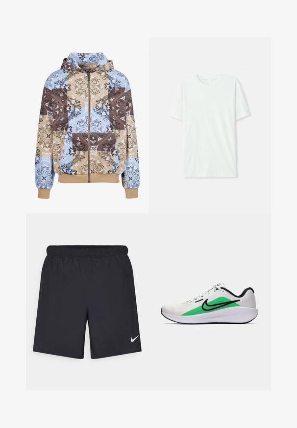 Felpa con cappuccio e zip caratterizzata da un design patchwork nei colori blu, beige e marrone. Include motivi floreali e tasca a marsupio.; T-shirt corto a maniche corte di un leggero verde menta, realizzato in tessuto morbido. Presenta un colletto a girocollo e una silhouette semplice e dritta senza decorazioni.; Shorts sportivi neri realizzati in materiale leggero con vita elastica. Presentano un piccolo logo Nike bianco sul lato sinistro in basso.; Scarpa da ginnastica bianca con un accento verde, logo nero, tomaia in rete, suola ammortizzata e tacco arrotondato. Presenta lacci e dettagli a contrasto.