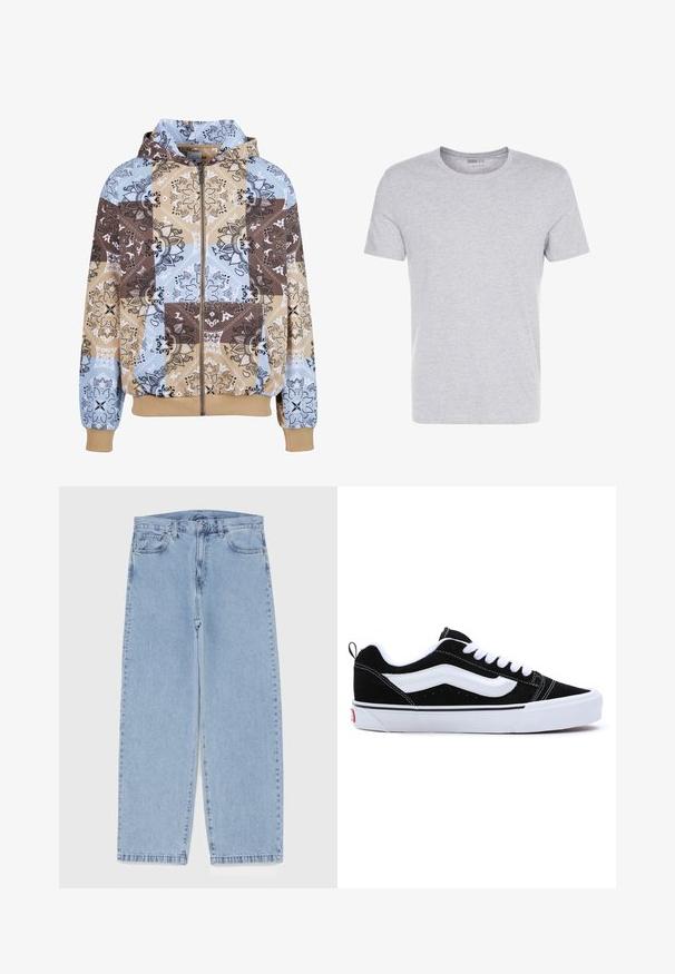 Mikina so zipsom a kapucňou, ktorá má patchworkový dizajn v modrej, béžovej a hnedej farbe. Obsahuje kvetinové vzory a klokanie vrecko.; Sivá bavlnená tričko s okrúhlym výstrihom, krátkymi rukávmi a jednoduchým dizajnom, s jemnou, hladkou textúrou a bez viditeľných vzorov alebo ozdôb.; Svetlomodré denimové džínsy s rovnými nohavicami, s polovysokým pásom, piatimi vreckami a zapínaním na gombík a zips.; Čierne semišové tenisky s bielymi akcentmi, s nízkym dizajnom, šnurovaním a hrubou bielou gumovou podrážkou. Logo značky na päte.
