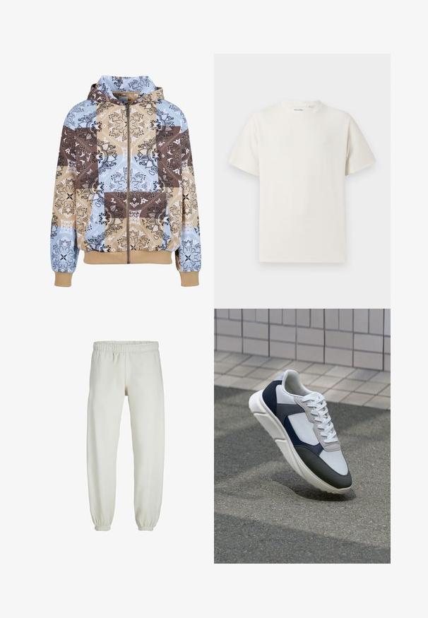 Hooded zip-up majica z obližnim dizajnom v modrih, bež in rjavih odtenkih. Vključuje cvetlične vzorce in kenguru žep.; Bela majica s kratkimi rokavi iz rebraste tkanine. Okrogli izrez, sproščen kroj, brez vidnih vzorcev ali naglasov. Preprosta in vsestranska zasnova.; Bele trenerke narejene iz mehkega blaga, z elastičnim pasom in manšetami, gladke teksture in ohlapnega kroja.; Bela, mornarsko modra in siva športna obutev z mešano materialno zasnovo, ki vključuje teksturirano zgornji del, ravne vezalke in oblazinjen podplat.