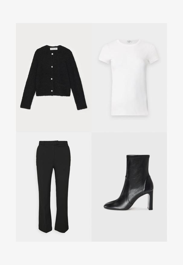 Must have pehmeast mustast villasegusest kardiganist ümmarguse kaeluse, pikade varrukate ja viie esiknöpiga. Omaduseks on kaks esist taskut ja lühendatud lõige.; Valge ribaga lühikeste varrukatega T-särk ümmarguse kaelusega. Kude tundub siledana ja see on keha lähedal istuv. Brändi silt on nähtav krae juures.; Mustad mustad püksid sirge säärega, millel on vööloop ja küljetaskud. Valmistatud siledast kangast, millel on puhas viimistlus.; Must musta saapikas sujuva disaini, terava nina ja kõrge plokkkontsaga. Omab siledat tekstuuri ja minimalistikku õmbluse detaljikat.