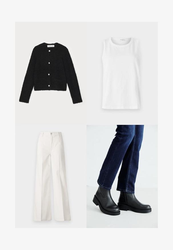 Melna pūkaina kardigāna ar apaļu dekoltē, garām piedurknēm un pieciem priekšējiem pogām. Iekļauj divas priekšējās kabatas un īsu dizainu.; Balts bez piedurknēm tops, kas izgatavots no mīkstas kokvilnas. Iespējo apaļu dekoltē un taisnu griezumu. Vienkāršs dizains bez redzamām rakstu vai akcentu detaļām.; Baltas platfita bikses, izgatavotas no kokvilnas ar gludu tekstūru. Aprīkotas ar priekšējo pogu, rāvējslēdzēju un četru kabatu dizainu.; Melnas ādas potīšu zābaki ar masīvu zoli un sānu elastīgām daļām, kombinēti ar tumši ziliem džinsiem. Zeme ir gaišā krāsā.