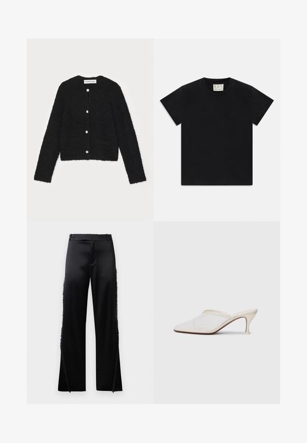 Musta pörröinen neuletakki, jossa on pyöreä kaula-aukko, pitkät hihat ja viisi nappia edessä. Sisältää kaksi etutaskua ja lyhyen mallin.; Musta lyhythihainen pyöreäkauluksinen t-paita, jonka sisäkauluksessa on valkoinen etiketti, jossa lukee "D.R.C. EST. 2002" valkoista taustaa vasten.; Musta satiinifarkut leveillä lahkeilla, joissa on fringed yksityiskohtia sivusaumojen varrella ja tasainen vyötärönauha edessä. Takana pelkistetty ilme ilman taskuja.; Valkoinen verkkokangas teräväkärkinen mulu, jossa on ohut keskipituinen korko ja liukupohjainen muotoilu yksinkertaista taustaa vasten.