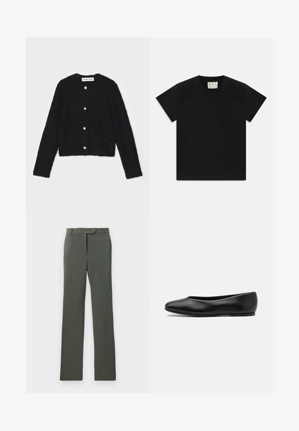 Black fuzzy cardigan with a round neckline, long sleeves, and five front buttons. Features two front pockets and a cropped design.; Black short-sleeve crew neck t-shirt with a white tag inside the collar labeled "D.R.C. EST. 2002" on a white background.; Dark gray pinstripe tailored trousers with belt loops and a straight-leg fit laid flat on a white background.; Paul Smith TOPANGA - Ballet pumps - black